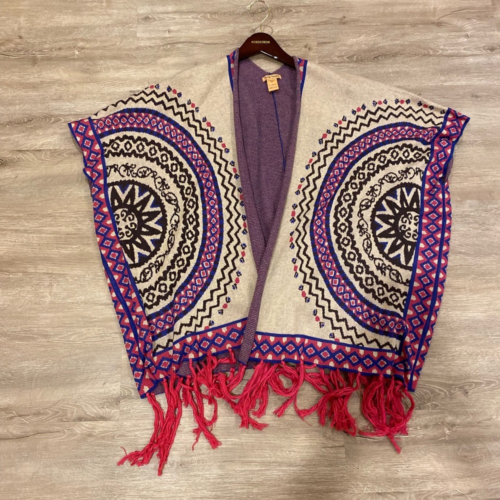 Open Front Aztec Pattern Poncho Sweater